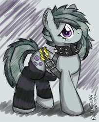 Size: 842x1036 | Tagged: safe, artist:flutterthrash, marble pie, earth pony, pony, g4, badass, badass adorable, belt, bullet belt, choker, collar, cute, female, heavy metal, leg warmers, looking at you, marblebetes, mare, rock, rock (music), solo, spiked choker, spiked collar, spikes