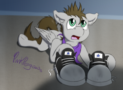 Size: 1200x873 | Tagged: safe, artist:punk-pegasus, oc, oc only, oc:menzing, bandana, clothes, converse, cute, fetish, shoes, sneakers, sneakers fetish, solo, underhoof, what are thoooose