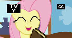 Size: 1359x715 | Tagged: safe, screencap, fluttershy, pegasus, pony, g4, the hooffields and mccolts, book, cute, eyes closed, female, mare, open mouth, shyabetes, solo