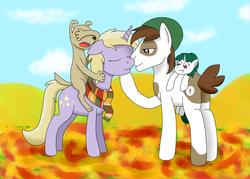 Size: 1024x732 | Tagged: safe, artist:allonsbro, dinky hooves, gusty, pipsqueak, oc, oc:bo, diamond dog, g1, g4, adopted offspring, autumn, clothes, female, g1 to g4, generation leap, hat, imminent kissing, male, next generation, parent:dinky hooves, parent:pipsqueak, parents:dinkysqueak, scarf, ship:dinkysqueak, shipping, straight