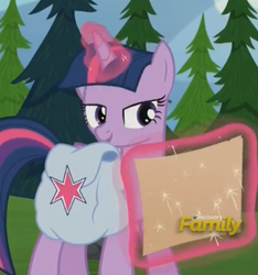 Size: 385x411 | Tagged: safe, screencap, twilight sparkle, alicorn, pony, g4, the hooffields and mccolts, discovery family logo, female, lidded eyes, magic, map, mare, open mouth, saddle bag, solo, telekinesis, twilight sparkle (alicorn)