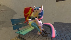 Size: 1360x768 | Tagged: safe, artist:mk513, sunset shimmer, twilight sparkle, equestria girls, g4, 3d, bench, female, gmod, interspecies, kissing, lesbian, making out, ship:sunsetsparkle, shipping, twilight sparkle (alicorn)