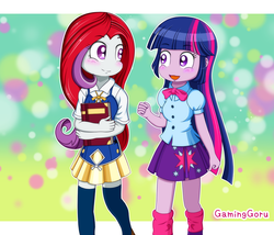 Size: 1500x1281 | Tagged: safe, artist:gaminggoru, idw, moondancer, moondancer (g1), twilight sparkle, equestria girls, g1, g4, blushing, book, clothes, equestria girls-ified, g1 to equestria girls, g1 to g4, generation leap, miniskirt, signature, skirt, socks, thigh highs, thigh socks, twilight sparkle (alicorn), zettai ryouiki