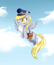 Size: 1057x1273 | Tagged: safe, artist:haruliina, derpy hooves, pegasus, pony, g4, female, flying, letter, mailbag, mailmare, mare, solo