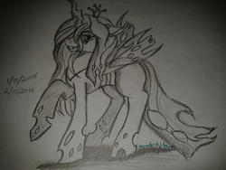 Size: 1024x768 | Tagged: safe, artist:invaderkj, queen chrysalis, changeling, changeling queen, g4, female, monochrome, solo, traditional art