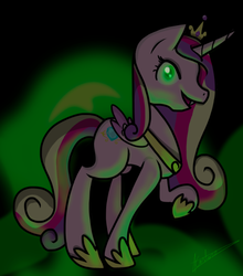 Size: 593x674 | Tagged: safe, artist:kartase, queen chrysalis, alicorn, changeling, pony, g4, disguise, disguised changeling, fake cadance, female, looking at you, signature, solo
