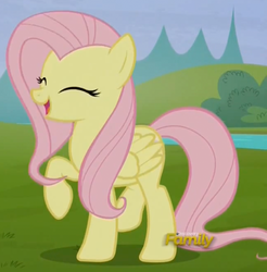 Size: 519x527 | Tagged: safe, screencap, fluttershy, pegasus, pony, g4, the hooffields and mccolts, cute, discovery family logo, eyes closed, female, mare, open mouth, raised hoof, raised leg, shyabetes, solo