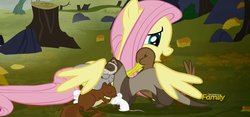 Size: 1358x633 | Tagged: safe, screencap, fluttershy, duck, ferret, mouse, pegasus, pony, squirrel, g4, the hooffields and mccolts, animal, cropped, discovery family logo, female, hug, mare, winghug