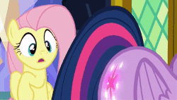 Size: 747x423 | Tagged: safe, screencap, fluttershy, twilight sparkle, pegasus, pony, g4, the hooffields and mccolts, animated, booty call, eyes on the prize, female, glowing cutie mark, look at my butt, looking at butt, mare, out of context, twilight sparkle (alicorn)