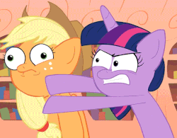 Size: 615x480 | Tagged: safe, artist:piemations, screencap, applejack, twilight sparkle, g4, angry, animated, female, golden oaks library, slap, slapping