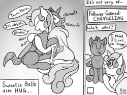 Size: 2048x1536 | Tagged: safe, artist:exedrus, derpibooru exclusive, sweetie belle, changeling, g4, :p, black and white, cape, clothes, cmc cape, cute, cuteling, diasweetes, grayscale, growling, hug, monochrome, response, simple background, smiling, snarling, speech bubble, tail wag, tongue out, underhoof