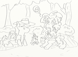 Size: 753x552 | Tagged: safe, artist:php162, apple bloom, braeburn, oc, oc:faddle, satyr, g4, campfire, monochrome, pac-man, parent:pinkie pie