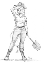 Size: 950x1362 | Tagged: safe, artist:baron engel, applejack, earth pony, anthro, unguligrade anthro, g4, boots, breasts, clothes, female, grayscale, jeans, monochrome, muscles, pants, pencil drawing, shovel, solo, t-shirt, traditional art