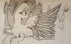 Size: 4284x2679 | Tagged: safe, artist:missmayaleanne, fluttershy, g4, female, grayscale, lined paper, monochrome, solo, text, traditional art