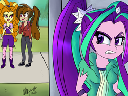 Size: 900x675 | Tagged: dead source, safe, artist:wubcakeva, adagio dazzle, aria blaze, oc, oc:cupcake slash, equestria girls, g4, female, jealous, lesbian, self insert, ship:adaria, shipping