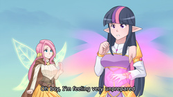 Size: 1280x720 | Tagged: safe, artist:jonfawkes, fluttershy, twilight sparkle, alicorn, human, g4, the hooffields and mccolts, anime style, big breasts, breasts, busty fluttershy, busty twilight sparkle, elf ears, female, glowing wings, humanized, magic, scene interpretation, subtitles, twilight sparkle (alicorn), unicorns as elves, wing ears, winged humanization