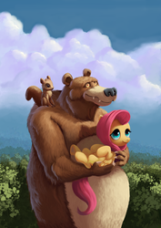 Size: 723x1024 | Tagged: dead source, safe, artist:maggwai, fluttershy, harry, bear, pegasus, pony, squirrel, g4, cute, female, holding a pony, male, mare, shyabetes, trio