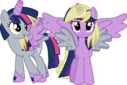 Size: 15005x10000 | Tagged: safe, artist:geometrymathalgebra, derpy hooves, twilight sparkle, alicorn, pony, g4, scare master, absurd resolution, alicorn costume, clothes, cosplay, costume, costume swap, cute, derpabetes, derpy books, fake horn, fake wings, female, four winged, mare, nightmare night costume, not a horn, simple background, toilet paper roll, toilet paper roll horn, transparent background, twiabetes, twilight muffins, twilight sparkle (alicorn), twilight sparkle is not amused, unamused, vector, wig