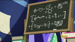Size: 1280x720 | Tagged: safe, screencap, pony, g4, the hooffields and mccolts, book, chalk, chalkboard, cutie mark, discovery family logo, equation, fancy mathematics, graph, hug, magic, math, molecule, no pony, science, twilight's castle, wat