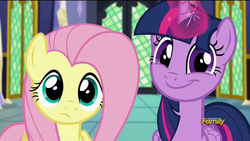 Size: 1280x720 | Tagged: safe, screencap, fluttershy, twilight sparkle, alicorn, pony, g4, the hooffields and mccolts, big eyes, crazy eyes, crazy face, crazy smile, discovery family logo, duo, faic, female, frown, grin, looking at you, magic, mare, smiling, smirk, squint, twiface, twilight sparkle (alicorn), twilight's castle, wide eyes, wrong neighborhood