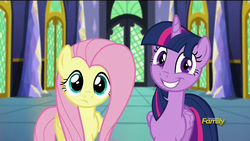 Size: 1280x720 | Tagged: safe, screencap, fluttershy, twilight sparkle, alicorn, pony, g4, the hooffields and mccolts, crazy face, dilated pupils, discovery family logo, duo, faic, female, folded wings, frown, grin, looking at you, mare, smiling, twilight sparkle (alicorn), twilight's castle, wings