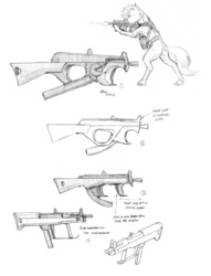 Size: 950x1246 | Tagged: safe, artist:baron engel, oc, oc only, roan rpg, ergonomics, grayscale, gun, monochrome, pencil drawing, solo, traditional art, weapon