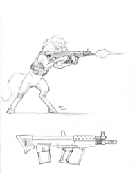 Size: 950x1217 | Tagged: safe, artist:baron engel, oc, oc only, roan rpg, gun, monochrome, pencil drawing, rifle, solo, traditional art, weapon