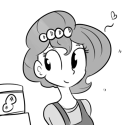 Size: 726x726 | Tagged: safe, artist:tjpones, oc, oc only, oc:brownie bun, human, horse wife, eyes on the prize, food, grayscale, humanized, monochrome, peanut butter, solo