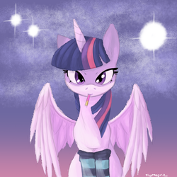 Size: 1000x1000 | Tagged: safe, artist:thattagen, twilight sparkle, alicorn, pony, g4, clothes, female, food, lidded eyes, looking at you, mare, pocky, sitting, smiling, socks, sockypockytwi, solo, spread wings, striped socks, twilight sparkle (alicorn)
