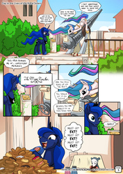 Size: 955x1351 | Tagged: safe, artist:mysticalpha, princess celestia, princess luna, tiberius, alicorn, opossum, pony, comic:day in the lives of the royal sisters, g4, cannon, comic, crown, dialogue, donut, eating, female, food, glowing, glowing horn, horn, horseshoes, jewelry, magic, magic aura, mare, peytral, regalia, royal sisters, siblings, sisters, speech bubble, stuffing, telekinesis, this will end in weight gain, to the moon, trollestia
