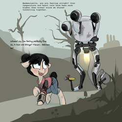 Size: 1000x1000 | Tagged: safe, artist:whydomenhavenipples, pony, blushing, clothes, curie, dialogue, fallout, fallout 4, female, freckles, mister handy, open mouth, ponified, the sole survivor