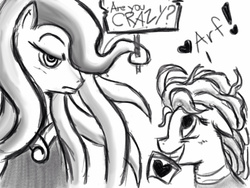 Size: 1280x960 | Tagged: safe, artist:arcanelexicon, mane-iac, screw loose, earth pony, pony, g4, female, lineart, monochrome, mouth hold, sign