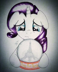 Size: 768x960 | Tagged: safe, artist:theasce, rarity, g4, eiffel tower, female, floppy ears, mouthpiece, paris, sad, snow globe, solo, stand with paris, traditional art
