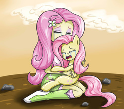 Size: 2952x2598 | Tagged: safe, artist:sumin6301, fluttershy, human, equestria girls, g4, boots, clothes, crying, duality, eyes closed, female, high res, hug, human ponidox, open mouth, sad, self ponidox, sitting, skirt, socks, solo, square crossover, tank top, teary eyes