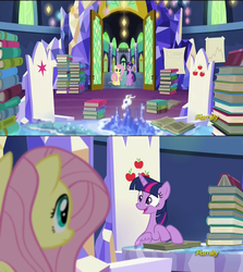 Size: 1280x1436 | Tagged: safe, screencap, fluttershy, twilight sparkle, alicorn, pegasus, pony, g4, the hooffields and mccolts, book, discovery family logo, duo, female, friendship throne, map room, mare, sitting, twilight sparkle (alicorn), twilight's castle