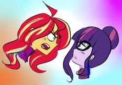 Size: 1024x714 | Tagged: safe, artist:katedoof, sci-twi, sunset shimmer, twilight sparkle, equestria girls, g4, my little pony equestria girls: friendship games, angry, clothes, doodle, duo, glasses, open mouth, scene interpretation, signature