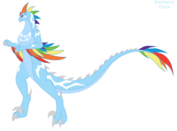 Size: 3245x2403 | Tagged: safe, artist:pyrus-leonidas, rainbow dash, kaiju, g4, arm wings, colored wings, dromaeosaur, female, high res, kaijufied, multicolored wings, rainbow wings, simple background, solo, species swap, transparent background, wings