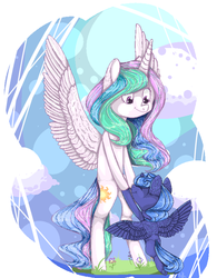 Size: 625x800 | Tagged: safe, artist:scroll-with-feather, princess celestia, princess luna, pony, g4, bipedal, eyes closed, filly, happy, sisters, smiling, spread wings, woona