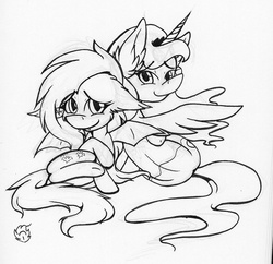 Size: 1589x1538 | Tagged: safe, artist:nekotigerfire, fluttershy, princess luna, bat pony, pony, g4, black and white, female, flutterbat, grayscale, lesbian, monochrome, prone, ship:lunashy, shipping, snuggling, traditional art