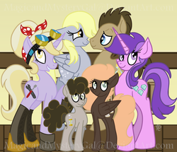 Size: 1000x860 | Tagged: safe, artist:magicandmysterygal, amethyst star, derpy hooves, dinky hooves, doctor whooves, sparkler, time turner, oc, oc:cinnamon vortex, oc:temporal bubble, pony, g4, alternate hairstyle, bandana, clothes, family, goggles, male, offspring, parent:derpy hooves, parent:doctor whooves, parents:doctorderpy, ship:doctorderpy, shipping, shoes, stallion, stockings, straight