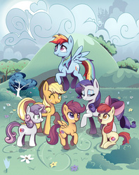 Size: 3192x4032 | Tagged: safe, artist:solarsourced, apple bloom, applejack, rainbow dash, rarity, scootaloo, sweetie belle, earth pony, pegasus, pony, unicorn, crusaders of the lost mark, g4, apple sisters, applejack's hat, canterlot, cloud, cowboy hat, crying, cutie mark, cutie mark crusaders, female, filly, flower, flying, foal, freckles, hat, lidded eyes, liquid pride, looking at each other, looking at someone, mare, meadow, one eye closed, siblings, sisters, sitting, smiling, spread wings, the cmc's cutie marks, wings