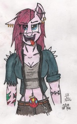 Size: 703x1136 | Tagged: safe, artist:mane-shaker, pinkie pie, earth pony, anthro, g4, belly button, belly piercing, bellyring, colored, ear piercing, female, piercing, pinkamena diane pie, punkamena, solo, tongue out, tongue piercing, traditional art