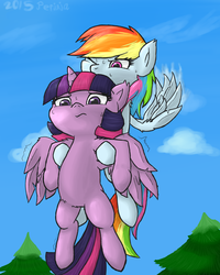 Size: 1040x1300 | Tagged: safe, artist:perinia, rainbow dash, twilight sparkle, alicorn, pegasus, pony, g4, carrying, cute, female, flying, flying lesson, frown, looking down, mare, style emulation, sweat, tree, twilight sparkle (alicorn), wink