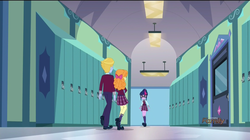 Size: 1141x640 | Tagged: safe, screencap, lemonade blues, orange sherbette, sci-twi, twilight sparkle, equestria girls, g4, my little pony equestria girls: friendship games, background human, clothes, crystal prep academy uniform, school uniform