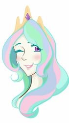 Size: 720x1280 | Tagged: safe, artist:e-chimera, princess celestia, human, g4, bust, cute, cutelestia, female, humanized, one eye closed, pixiv, portrait, smiling, solo, wink