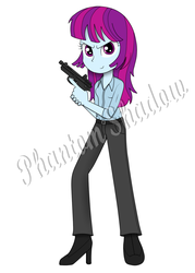 Size: 1000x1400 | Tagged: safe, artist:phantomshadow051, mystery mint, equestria girls, g4, alternate clothes, background human, crossover, female, fnp, gun, pistol, sharon carter, solo, watermark, weapon