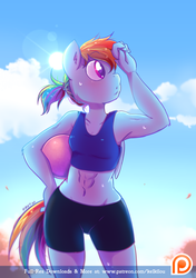 Size: 816x1157 | Tagged: safe, artist:kelsea-chan, rainbow dash, anthro, g4, abs, alternate hairstyle, armpits, ball, belly button, clothes, female, lens flare, midriff, patreon, patreon logo, shorts, solo, sports bra, sports shorts, sun, sweat, tank top