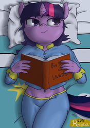 Size: 840x1200 | Tagged: safe, artist:perinia, twilight sparkle, anthro, g4, bed, belly button, book, clothes, female, lewd, midriff, on back, pajamas, pillow, smirk, solo