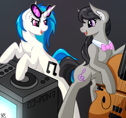 Size: 1280x1200 | Tagged: safe, artist:amazing-artsong, dj pon-3, octavia melody, vinyl scratch, earth pony, pony, unicorn, g4, bow (instrument), bowtie, cello, cello bow, female, lesbian, looking at each other, musical instrument, open mouth, open smile, ship:scratchtavia, shipping, smiling, turntable