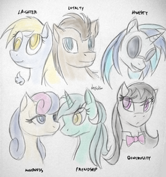 Size: 824x878 | Tagged: safe, artist:locoexclaimer, bon bon, derpy hooves, dj pon-3, doctor whooves, lyra heartstrings, octavia melody, sweetie drops, time turner, vinyl scratch, pony, g4, background six, elements of harmony, male, stallion